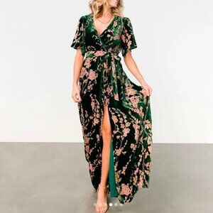 Baltic Born Uma Velvet Maxi Dress dark green pink floral v-neck women's size MED